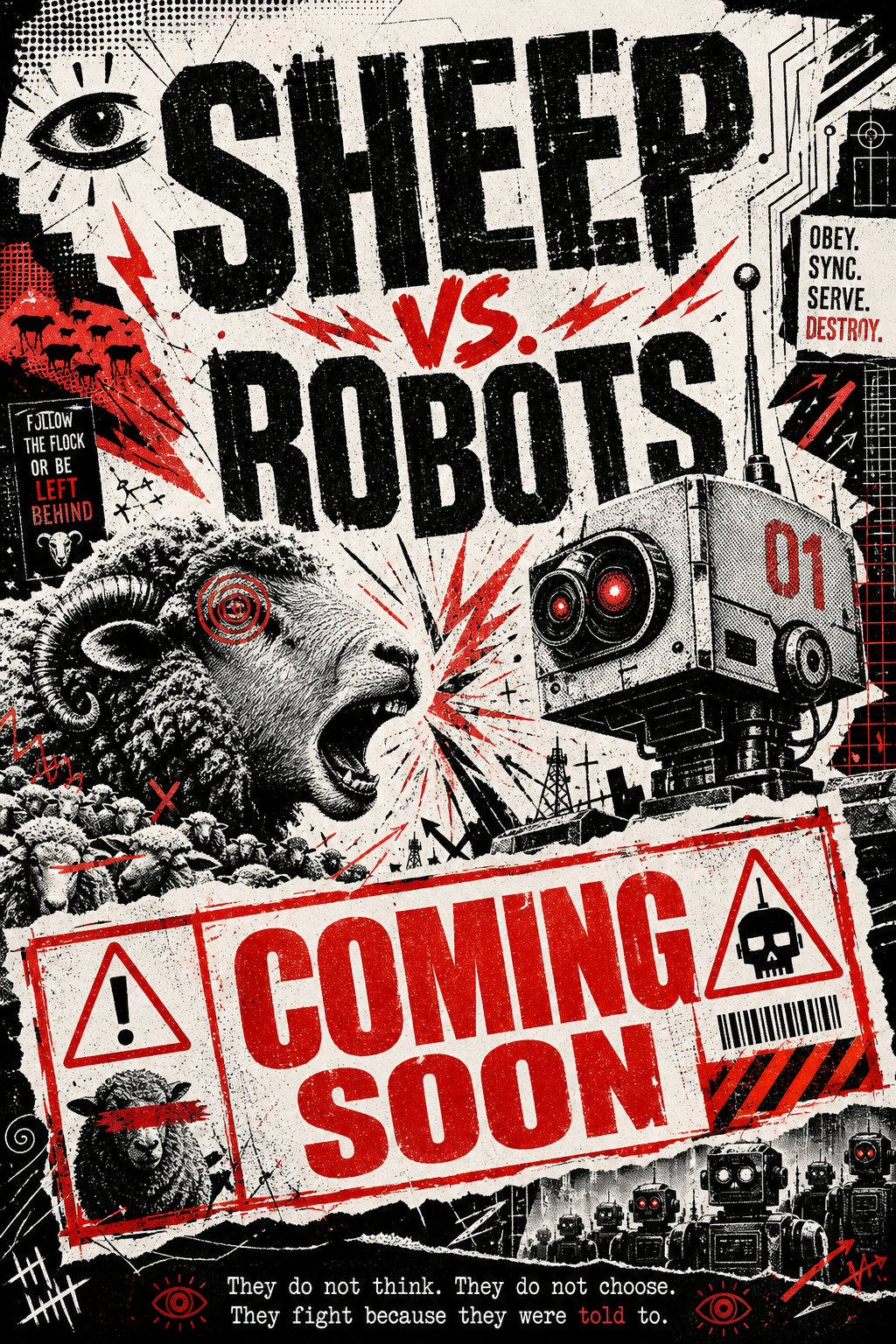 Sheep Vs. Robots coming soon poster with distressed black type, red warning graphics, a sheep and a robot facing off, and the line: They do not think. They do not choose. They fight because they were told to.